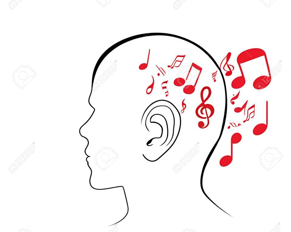 Una ilustración metafórica de una cara en blanco humano con símbolos musicales de entrar en su oído, aisladas sobre un fondo blanco.