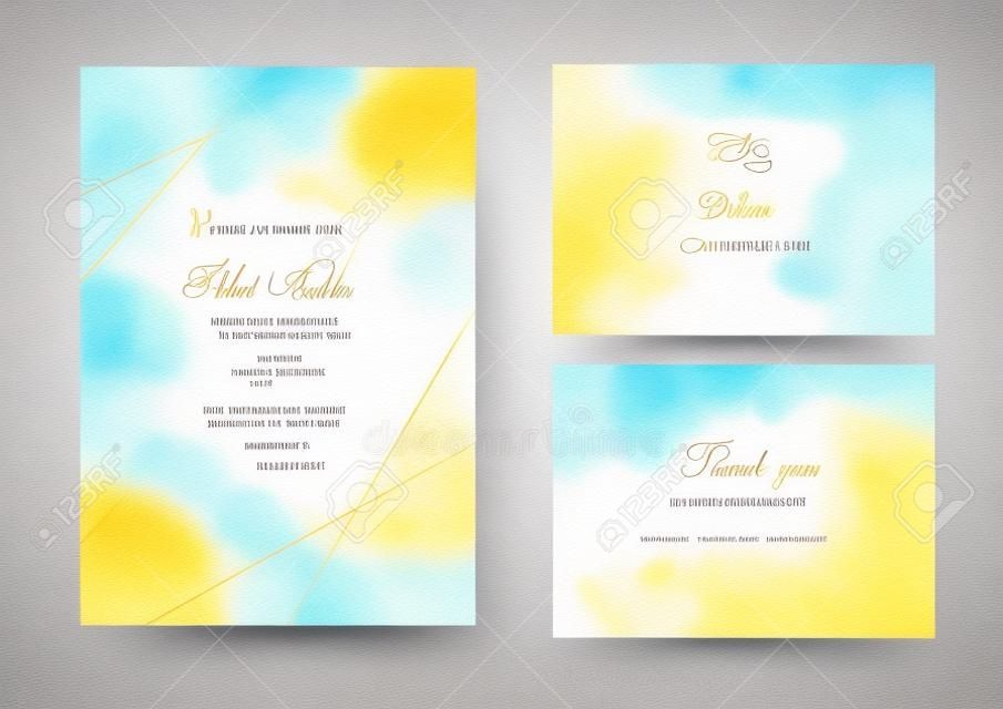 Elegante modello di carta di invito a nozze. Bellissimo sfondo con acquerello e linea dorata.Illustrazione vettoriale.Eps10