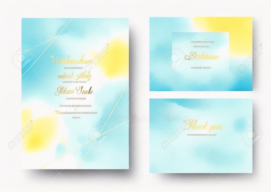 エレガントな結婚式の招待カードのテンプレート。水彩と金色の線で美しい背景。ベクトルイラスト。Eps10