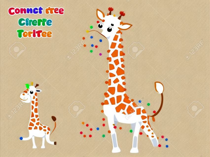 Conecta los puntos y dibuja una linda jirafa de dibujos animados. Juego educativo para niños. Ilustración de vector con personajes de animales de dibujos animados