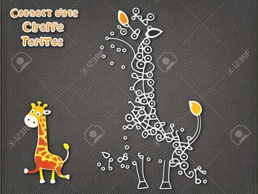 Unisci i puntini e disegna un simpatico cartone animato giraffa. Gioco educativo per bambini. Illustrazione vettoriale con personaggi animali dei cartoni animati