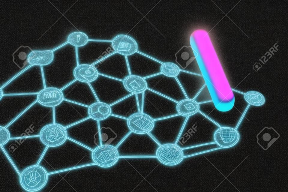 Aprendizaje automático para inteligencia artificial, nodos de redes neuronales, redes sociales o concepto moderno de cadena de bloques descentralizada, dibujo de tiza que conecta el punto con la línea como una red en la pizarra.