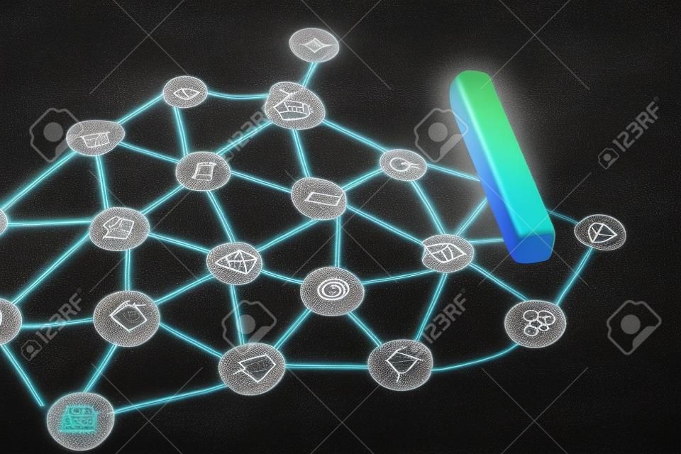 Aprendizaje automático para inteligencia artificial, nodos de redes neuronales, redes sociales o concepto moderno de cadena de bloques descentralizada, dibujo de tiza que conecta el punto con la línea como una red en la pizarra.