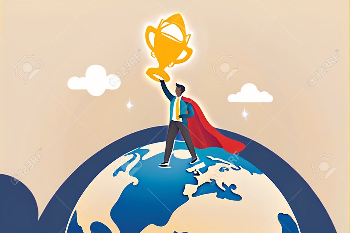 Gewinner des weltweiten Geschäfts, Leistung, Sieg oder internationaler Erfolg, gewinnen Sie den globalen Wettbewerb, das Geschäftskonzept der Globalisierung, der Geschäftsmann-Superheld mit dem Gewinner der Preistrophäe auf dem Planeten Erde.