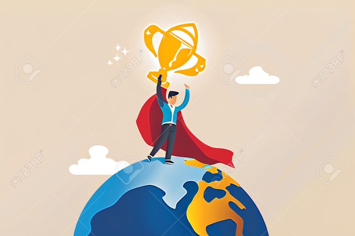 Gewinner des weltweiten Geschäfts, Leistung, Sieg oder internationaler Erfolg, gewinnen Sie den globalen Wettbewerb, das Geschäftskonzept der Globalisierung, der Geschäftsmann-Superheld mit dem Gewinner der Preistrophäe auf dem Planeten Erde.