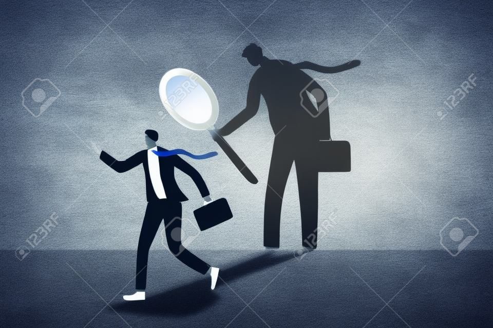 Self assessment or self analysis process to know yourself and discover plan or goal for living or work and career concept, businessman walking with shadow using magnifying glass to analyze himself.