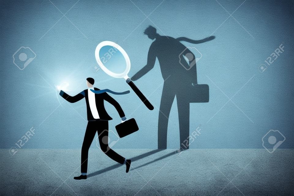 Self assessment or self analysis process to know yourself and discover plan or goal for living or work and career concept, businessman walking with shadow using magnifying glass to analyze himself.