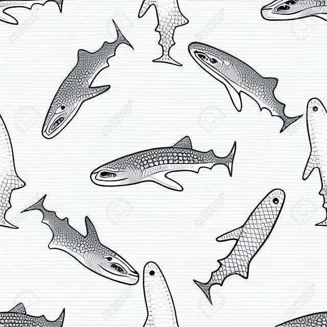 Seamless pattern of hand drawn sketch style abstract ethnic sharks isolated on white background. Vector illustration.