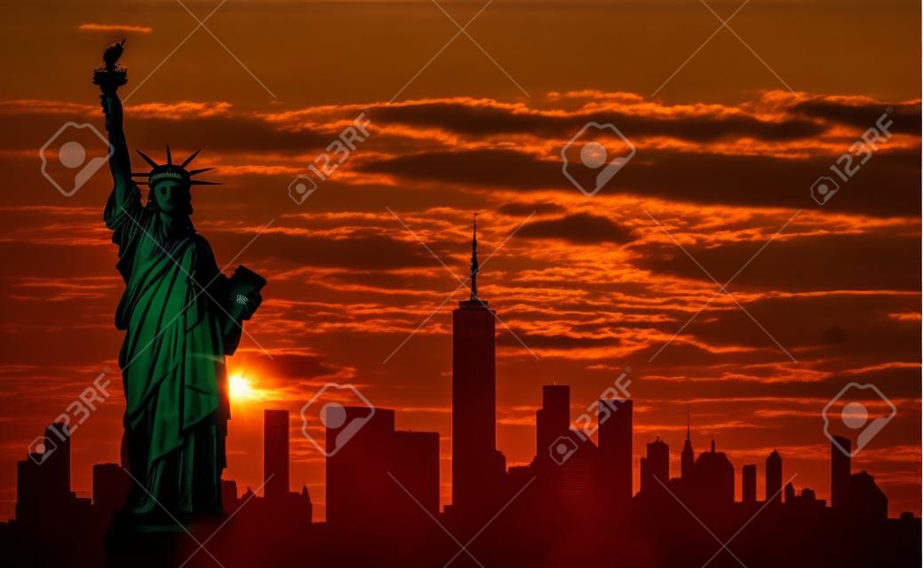Silhouette of the Statue of Liberty over the scene of New york cityscape on a sunset.