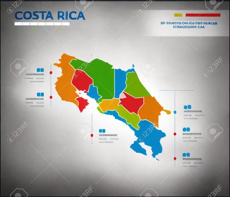 哥斯达黎加国家地图信息图表彩色的矢量模板与区域和指针标记