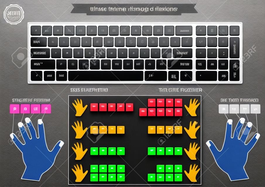 gráfico do dedo do teclado com o dedo esquerdo e direito, incluir teclas de linha home, para lições, para melhorar ou aprender a digitar mais rápido.