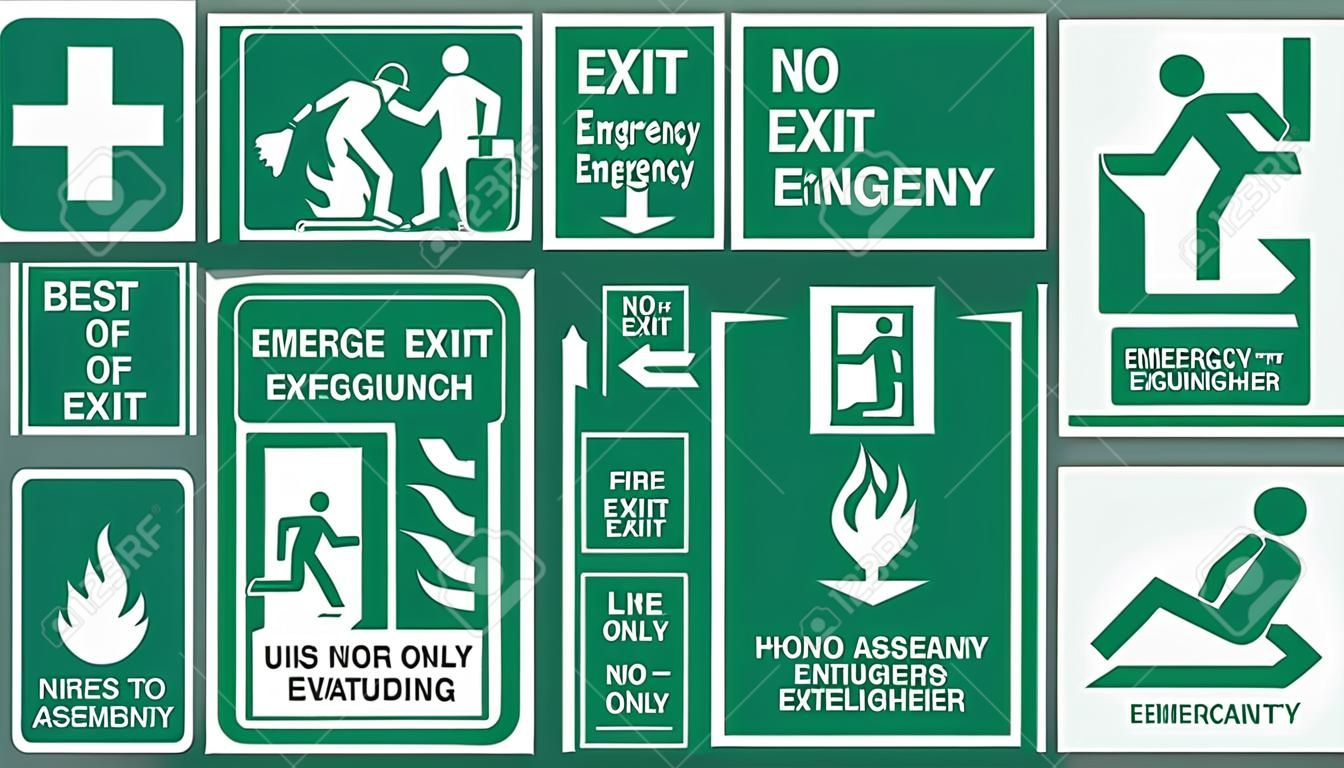 Set of emergency exit Sign fire exit, emergency exit, fire assembly point, evacuation lane, Fire Extinguisher, For Emergency use only, no re-entry to building.