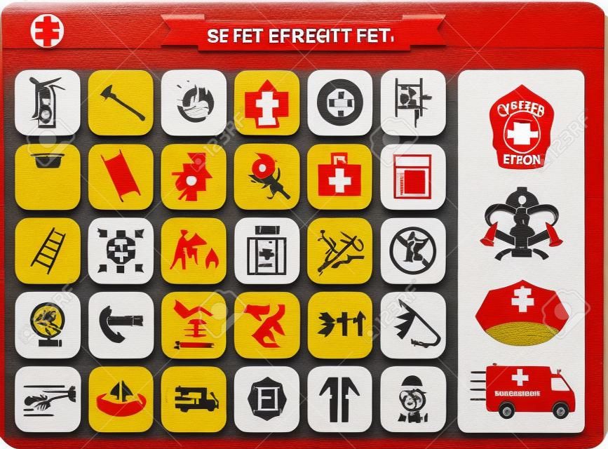 Set of fire emergency icons fire exit, emergency exit, fire assembly point, ladder, axe, fire extinguisher, hose reel, alarm, eye wash, fire exit, 911, hydrant, first aid, ambulance, badge