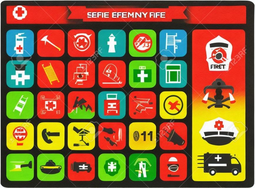 Set of fire emergency icons fire exit, emergency exit, fire assembly point, ladder, axe, fire extinguisher, hose reel, alarm, eye wash, fire exit, 911, hydrant, first aid, ambulance, badge