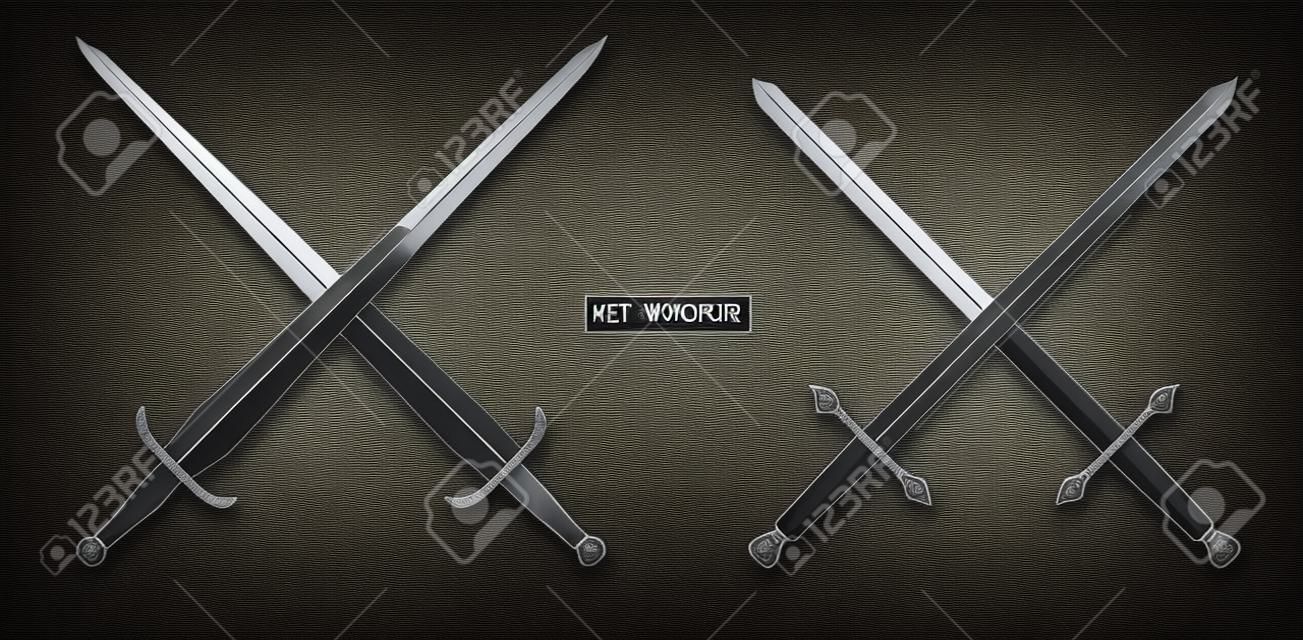 set of realistic sword warrior with metal shield. eps vector