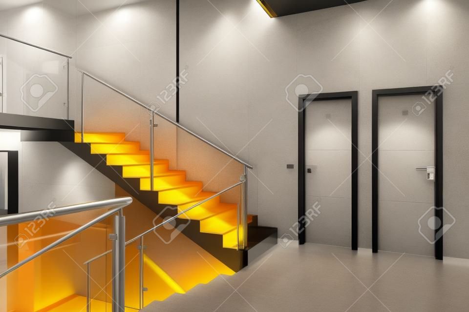 escalier dans un immeuble moderne, porte des toilettes