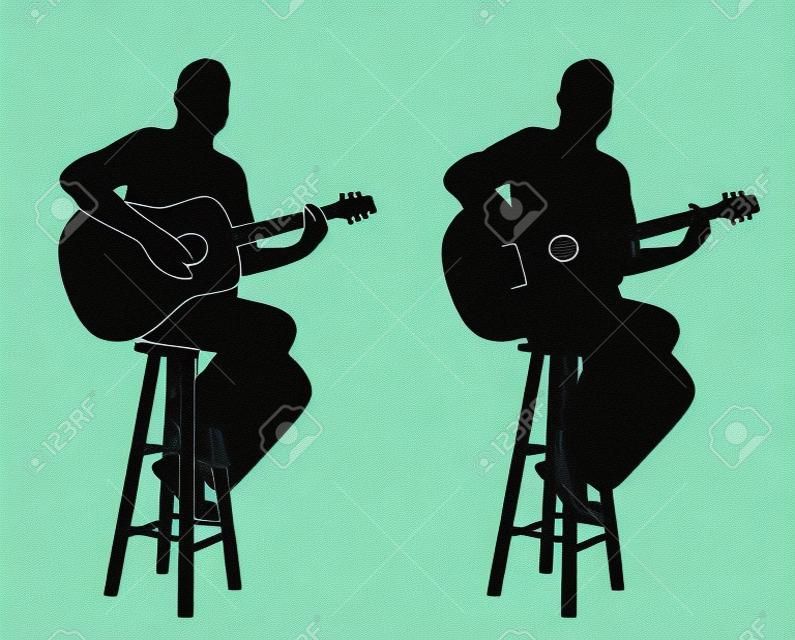 Illustrazione di un chitarrista seduto su uno sgabello da bar suonare la chitarra acustica