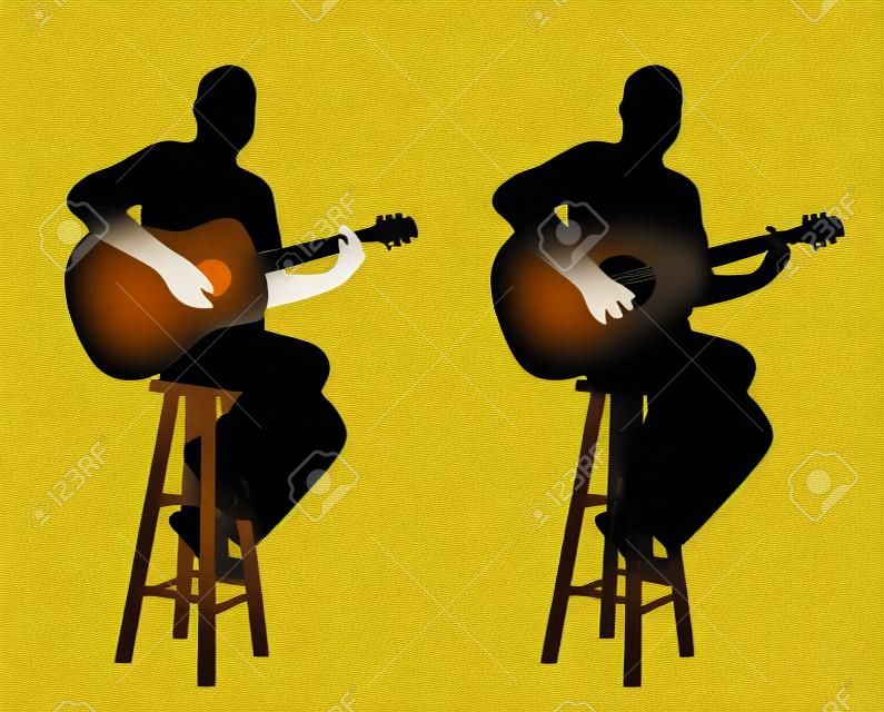 坐在酒吧凳子上的吉他手的插圖演奏吉他