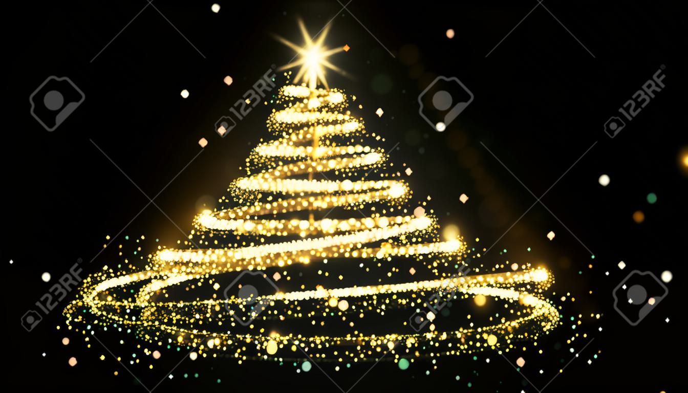 Árvore de Natal de glitter dourado com luz brilhante. Partículas de ouro brilhantes e brilhos modelo de introdução em espiral no fundo preto. Efeito festivo mágico de luxo com bokeh e brilho.