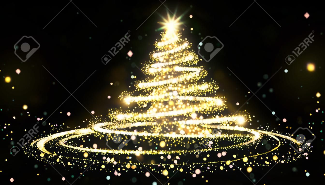 Árvore de Natal de glitter dourado com luz brilhante. Partículas de ouro brilhantes e brilhos modelo de introdução em espiral no fundo preto. Efeito festivo mágico de luxo com bokeh e brilho.