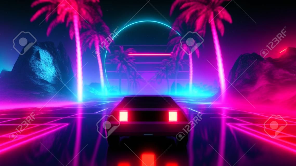 ヴィンテージカー付き80年代レトロ未来的なSF3Dイラスト。レトロウェーブVJビデオゲーム風景、ネオンライトと低ポリグリッドに乗って。様式化されたサイバーパンク蒸気波の背景。4K