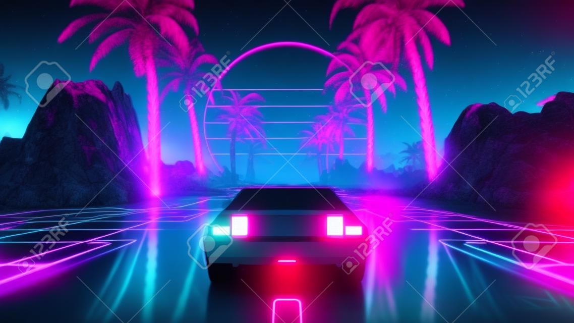ヴィンテージカー付き80年代レトロ未来的なSF3Dイラスト。レトロウェーブVJビデオゲーム風景、ネオンライトと低ポリグリッドに乗って。様式化されたサイバーパンク蒸気波の背景。4K