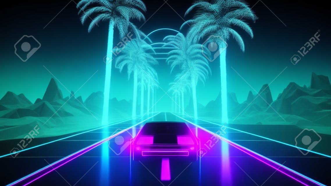 ヴィンテージカー付き80年代レトロ未来的なSFシームレスループ。レトロウェーブVJビデオゲーム風景、青ネオンライトと低ポリグリッドに乗って。様式化されたサイバーパンク気波3Dアニメーションの背景。4K