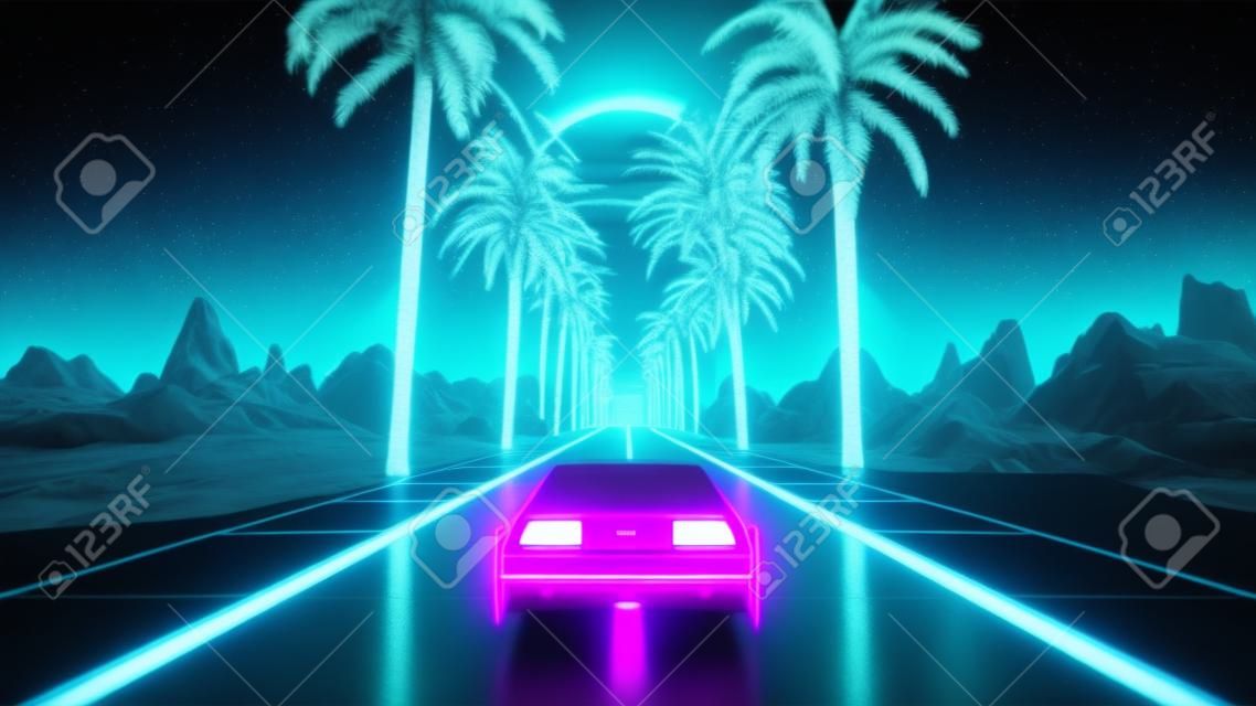 80s retro futuristic sci-fi seamless loop with vintage car. Riding in retrowave VJ videogame landscape, blue neon lights and low poly grid. Stylized cyberpunk vaporwave 3D animation background. 4K