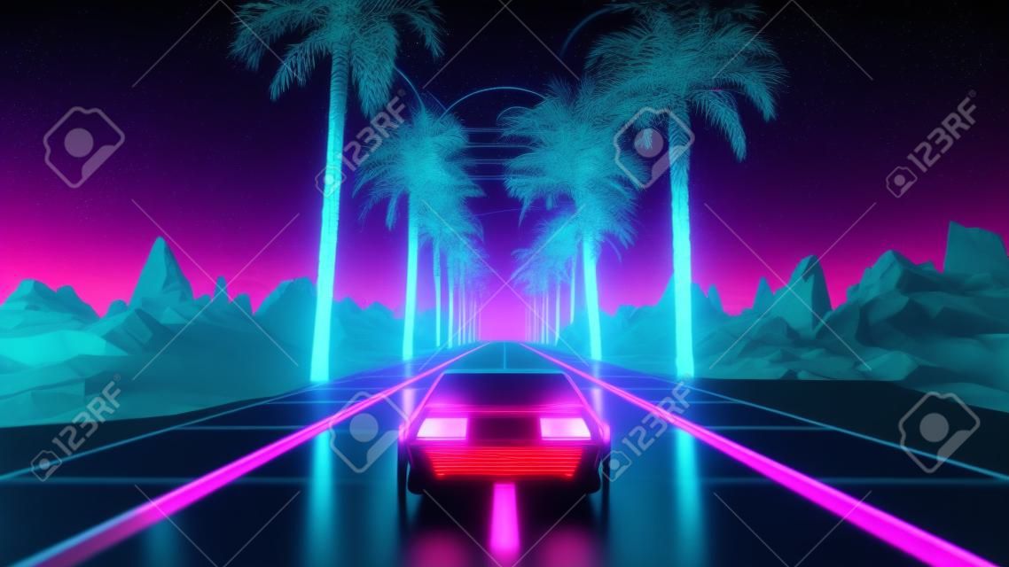80s retro futurystyczna sci-fi płynna pętla z zabytkowym samochodem. Jazda w retrowave krajobrazu gier wideo VJ, niebieskie neony i siatka low poly. Stylizowane cyberpunk tło animacji vaporwave 3D. 4K