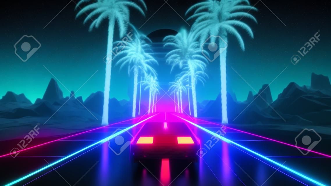 ヴィンテージカー付き80年代レトロ未来的なSFシームレスループ。レトロウェーブVJビデオゲーム風景、青ネオンライトと低ポリグリッドに乗って。様式化されたサイバーパンク気波3Dアニメーションの背景。4K
