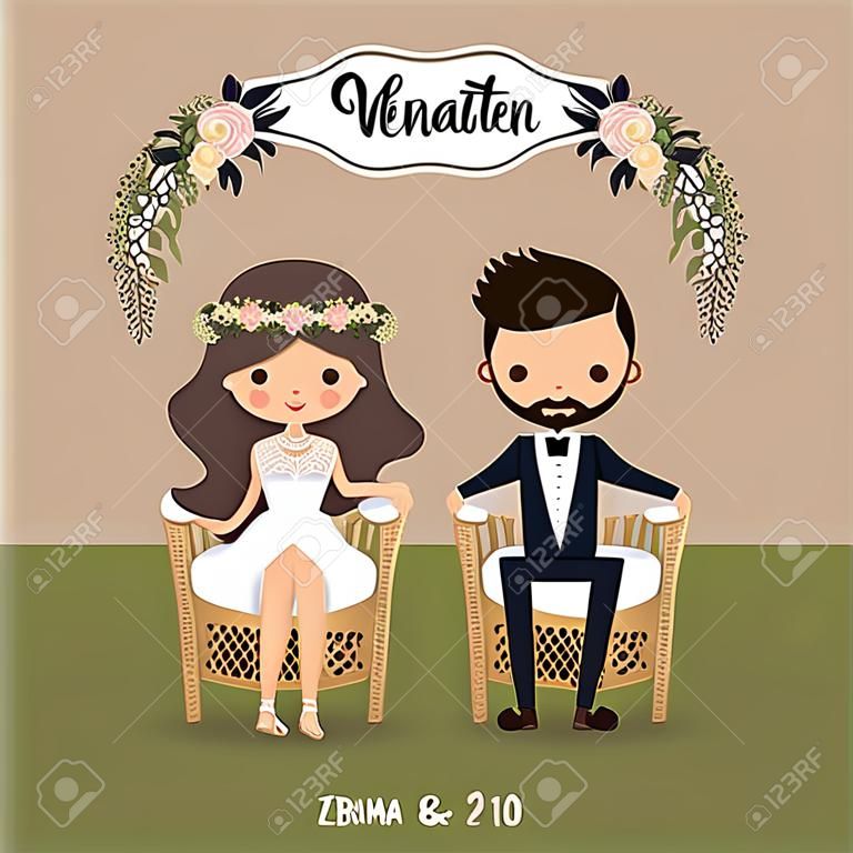Rustic bohemian cartoon couple wedding invitation card, sitting in chair