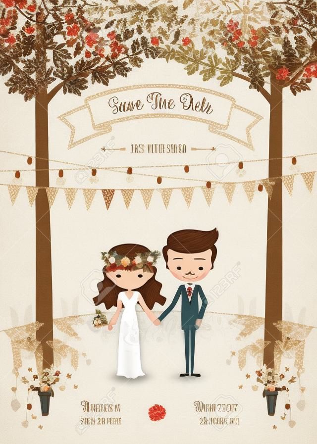 Rustic bohemian cartoon couple wedding invitation card in the forrest, Chic and romantic card