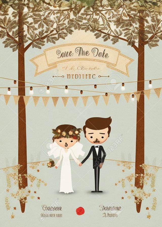 Rusztikus bohém rajzfilm pár esküvői meghívó az erdőben, Chic, romantikus kártya
