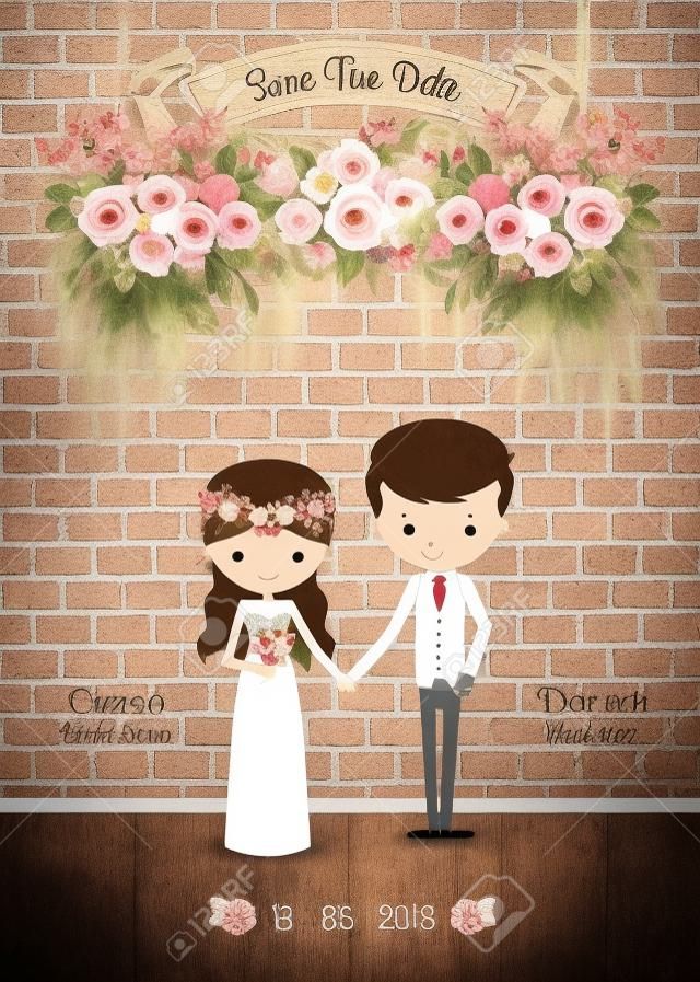 Мультяшная пара деревенских цветущих цветов сохраняет дату свадебного приглашения, с кирпичной стеной