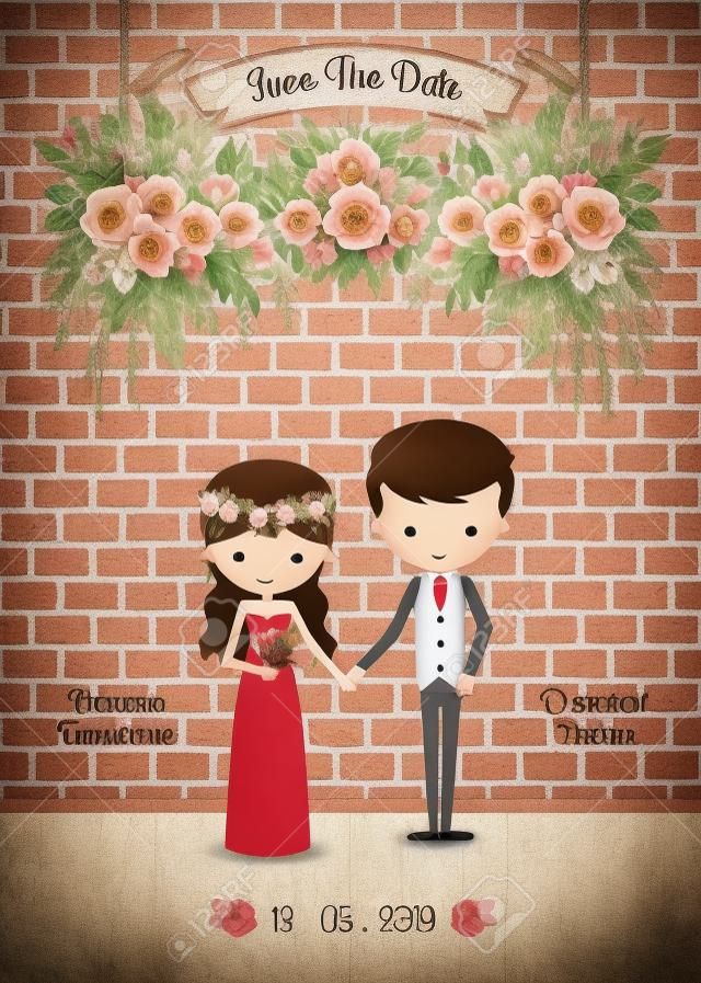 Мультяшная пара деревенских цветущих цветов сохраняет дату свадебного приглашения, с кирпичной стеной