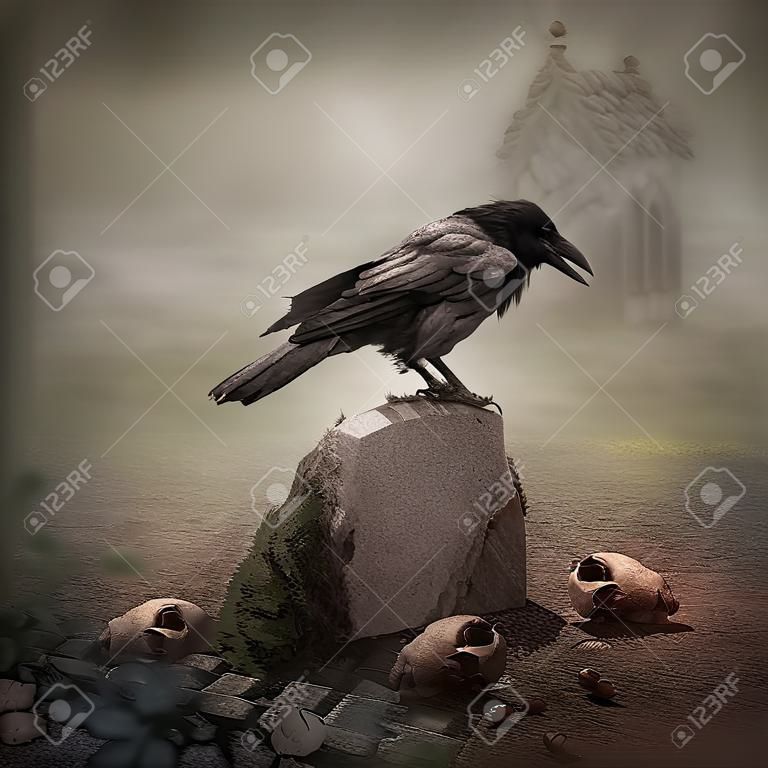 乌鸦坐在一块墓碑