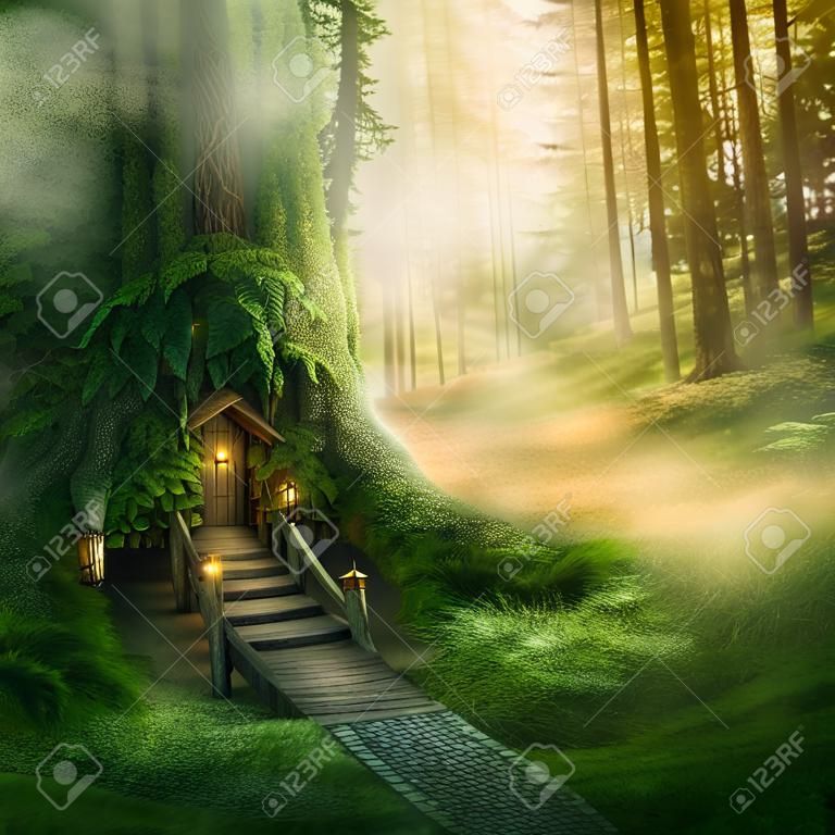 숲에서 판타지 트리 하우스