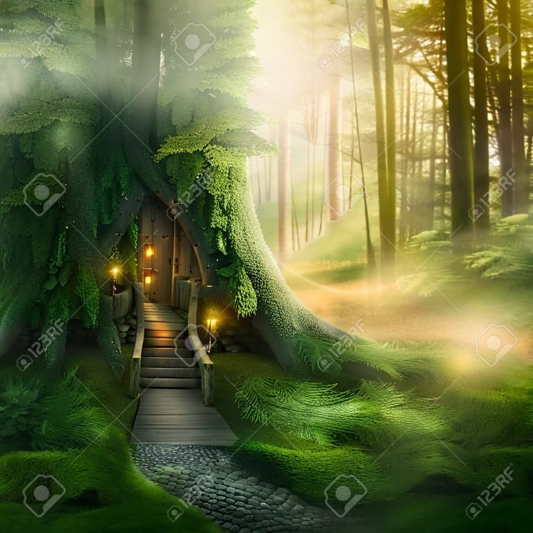 Casa del árbol de la fantasía en el bosque
