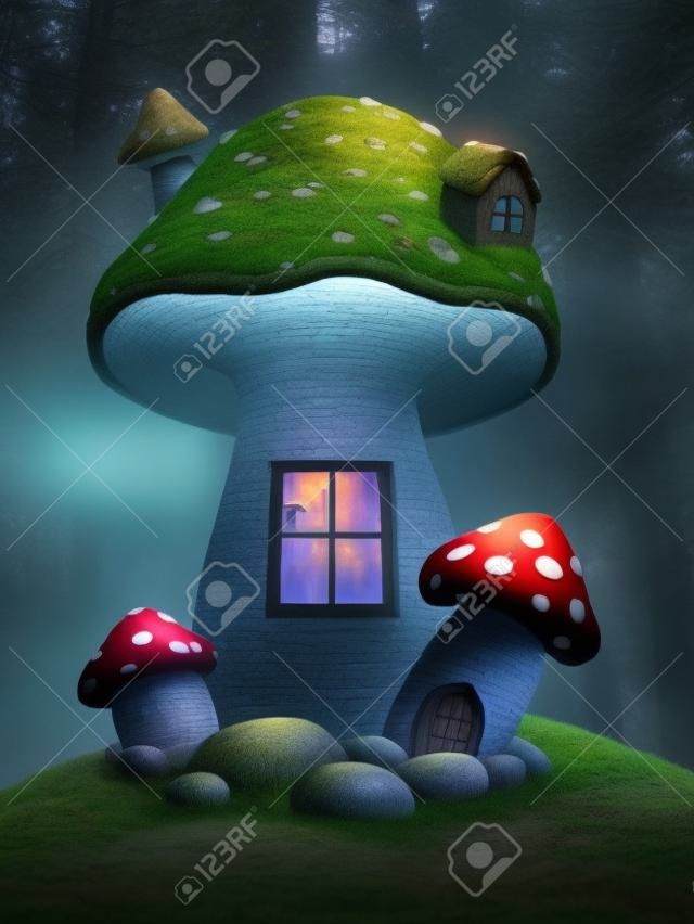 幻想蘑菇房子在森林里