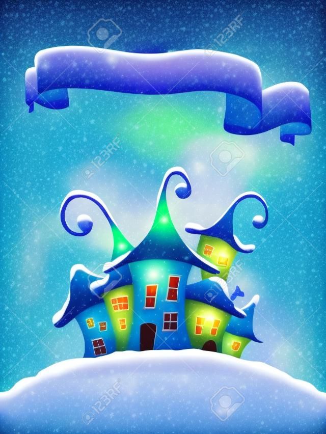 Fantasie-verwenden bunte Häuser im Winter und Banner
