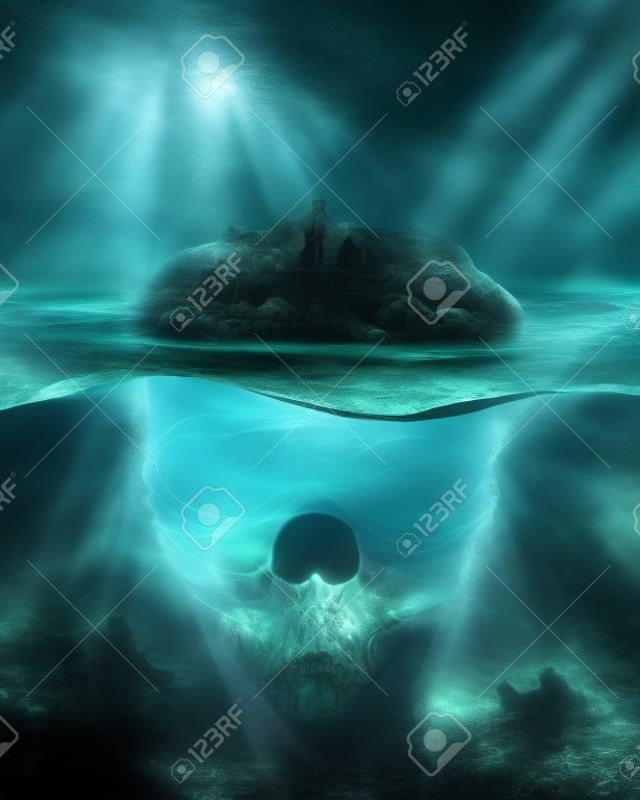 Fantasy Spooky Island.  Underwater scull