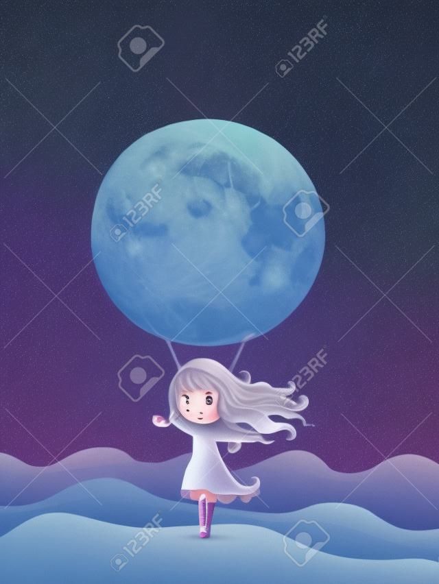 Illustration eines kleinen Mädchens auf dem Mond