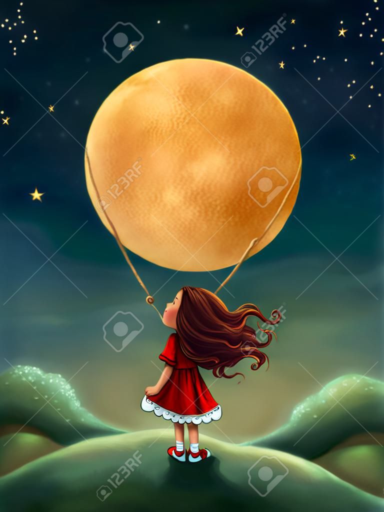 Illustration eines kleinen Mädchens auf dem Mond