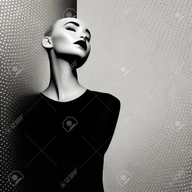 Retrato de estúdio de arte de moda de elegante blode em fundo preto e branco geométrico