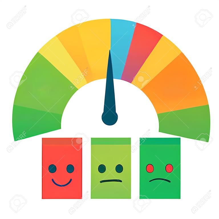 Escala de cor com seta de vermelho para verde e a escala de emoções. O ícone do dispositivo de medição: tacômetro de sinal, velocímetro, indicadores. Ilustração vetorial em estilo plano isolado no fundo branco