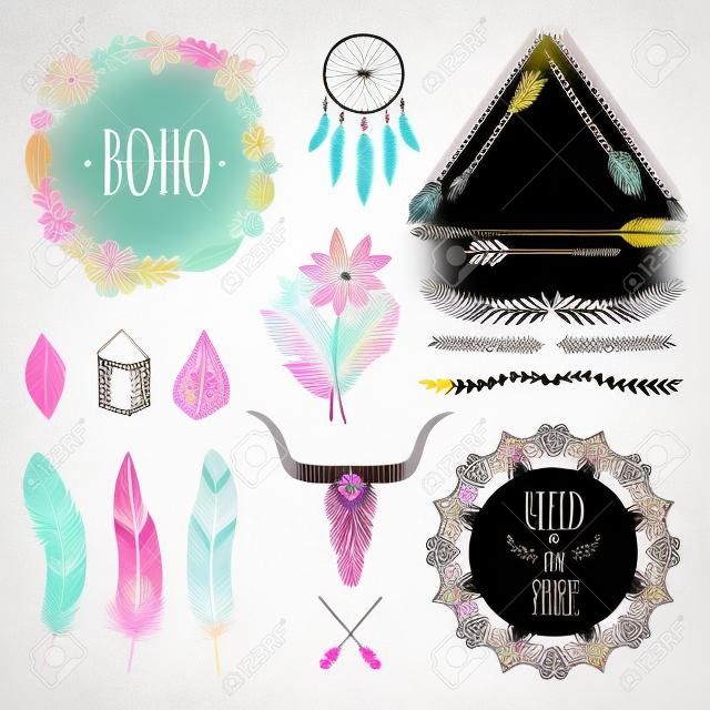 Vector colorful ethnic set with arrows, feathers, crystals, floral frames, borders, dream catcher, bull skull. Modern romantic boho style. Templates for invitations, scrapbooking. Hippie design elements.