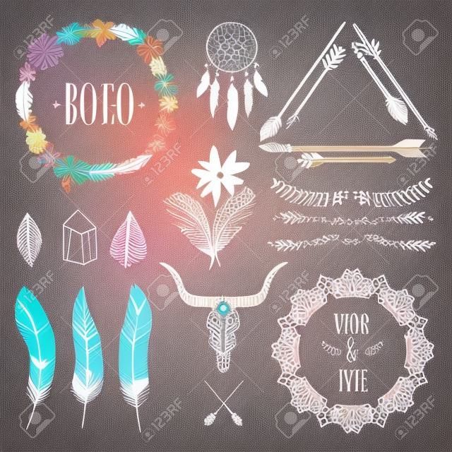 Vector colorful ethnic set with arrows, feathers, crystals, floral frames, borders, dream catcher, bull skull. Modern romantic boho style. Templates for invitations, scrapbooking. Hippie design elements.