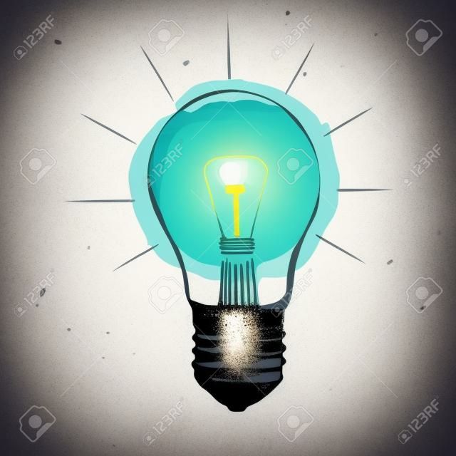 Vector grunge illustration with light bulb. Modern hipster sketch style. Idea and creative thinking concept.