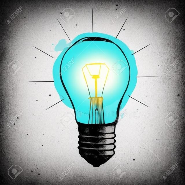 Vector grunge illustration with light bulb. Modern hipster sketch style. Idea and creative thinking concept.