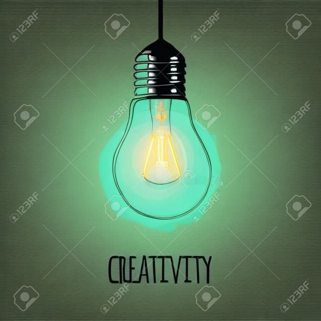 Vector illustration with hanging grunge light bulb. Modern hipster sketch style. Idea and creativity concept.